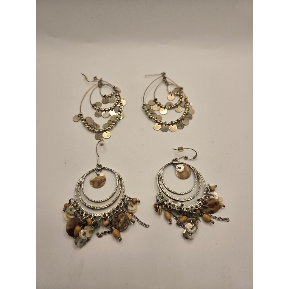 Boho Chandelier Earring Set Silver Tone Sequin Shell Wood Bead Dangle 2 Pairs